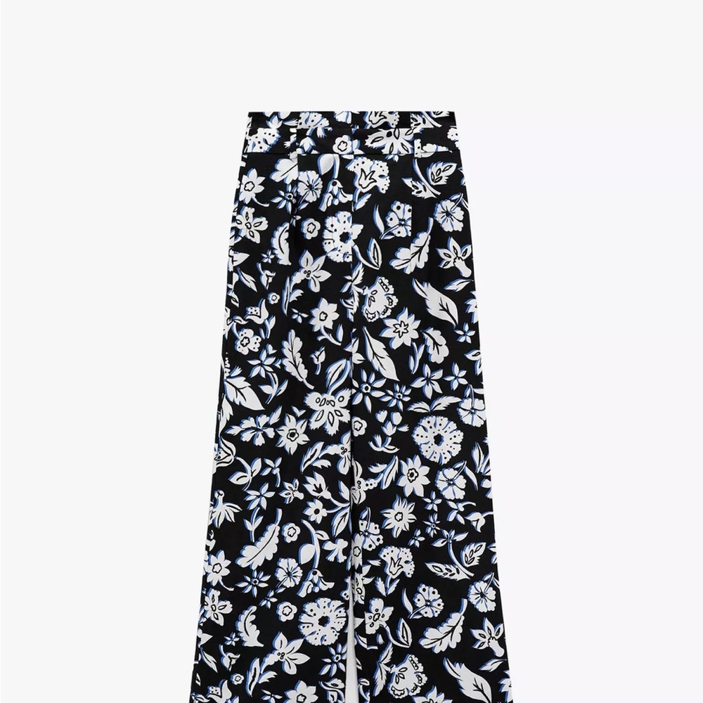 Zara XS Floral Black and White Wide-Leg Pants